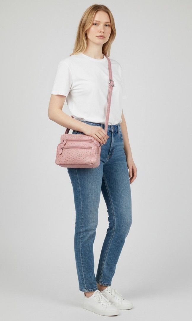 GENUINE OSTRICH LEATHER CAMERA SLING BAG (Category: Cross-body Bags) located in Las Pinas. Submitted by annachiaonair2037 (Listing ID 1459762851, Image 1). Description: 1280 EACH brown ❌️❌️SOLD PINK ❤️ AVAILABLE BUNDLE PRICE AVAILABLE AVAILABLE IN PINK & BROWN FROM JAPAN INNER SUEDE LINING H 7" L 11" W 4.5" RARE FINDS SPACIOUS AND ROOMY.