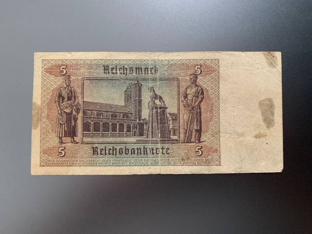 Germany 1942 5 Reichsmark Banknote (Category: Currency) located in Indang. Submitted by vykolektor (Listing ID 1460220167, Image 2). Description: Germany 5 Reichsmark 1942 Condition in photos.
