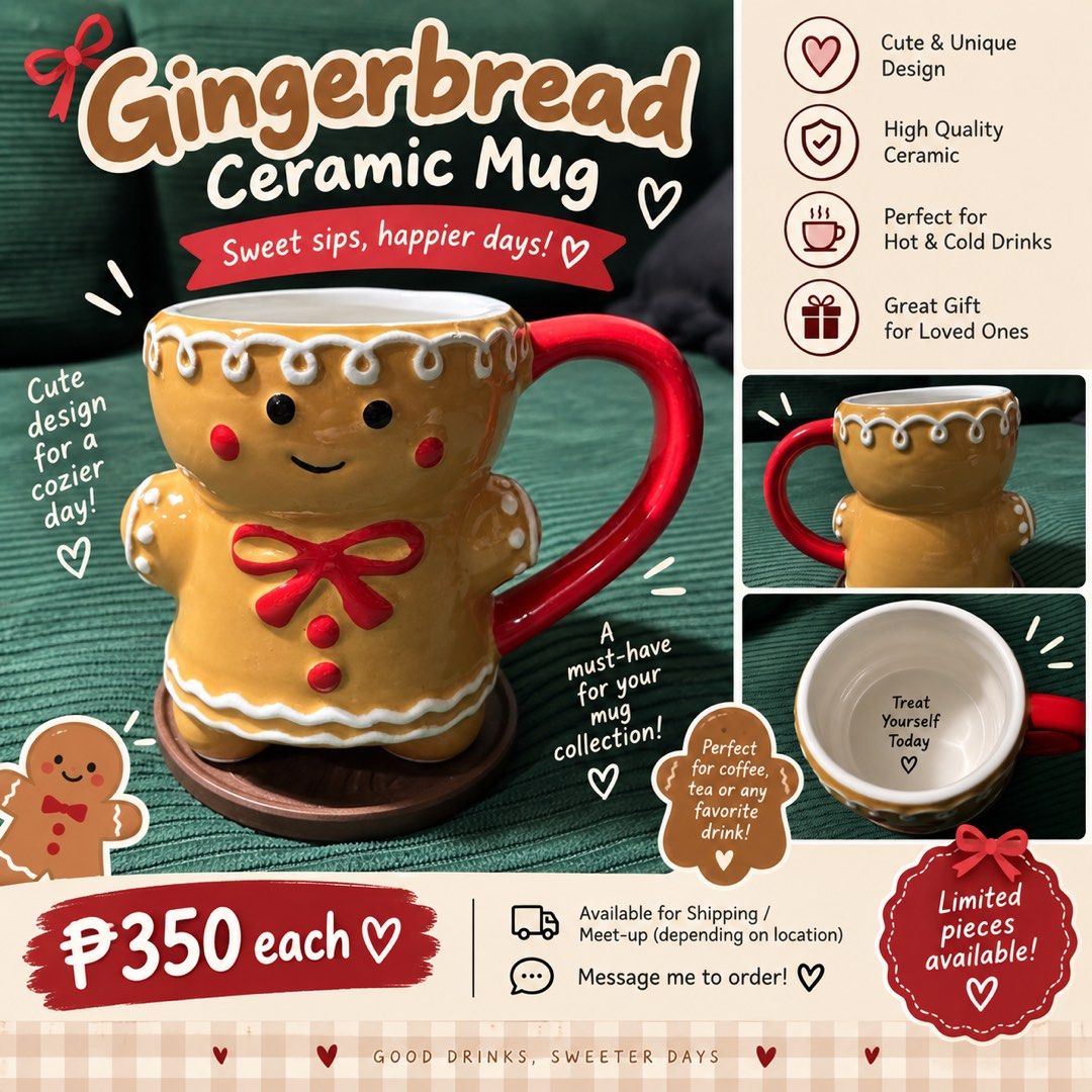 Gingerbread Ceramic Mug - Cute & Unique Design (Category: Coffee & Tea Tableware) located in Manila. Submitted by deedelrsrio (Listing ID 1460207356, Image 1). Description: - Adorable gingerbread ceramic mug - Perfect for coffee, tea, or your favorite hot beverage - Adds a cozy touch to your day - Makes a wonderful gift idea - Available for shipping or meet-up - Message me to order!.