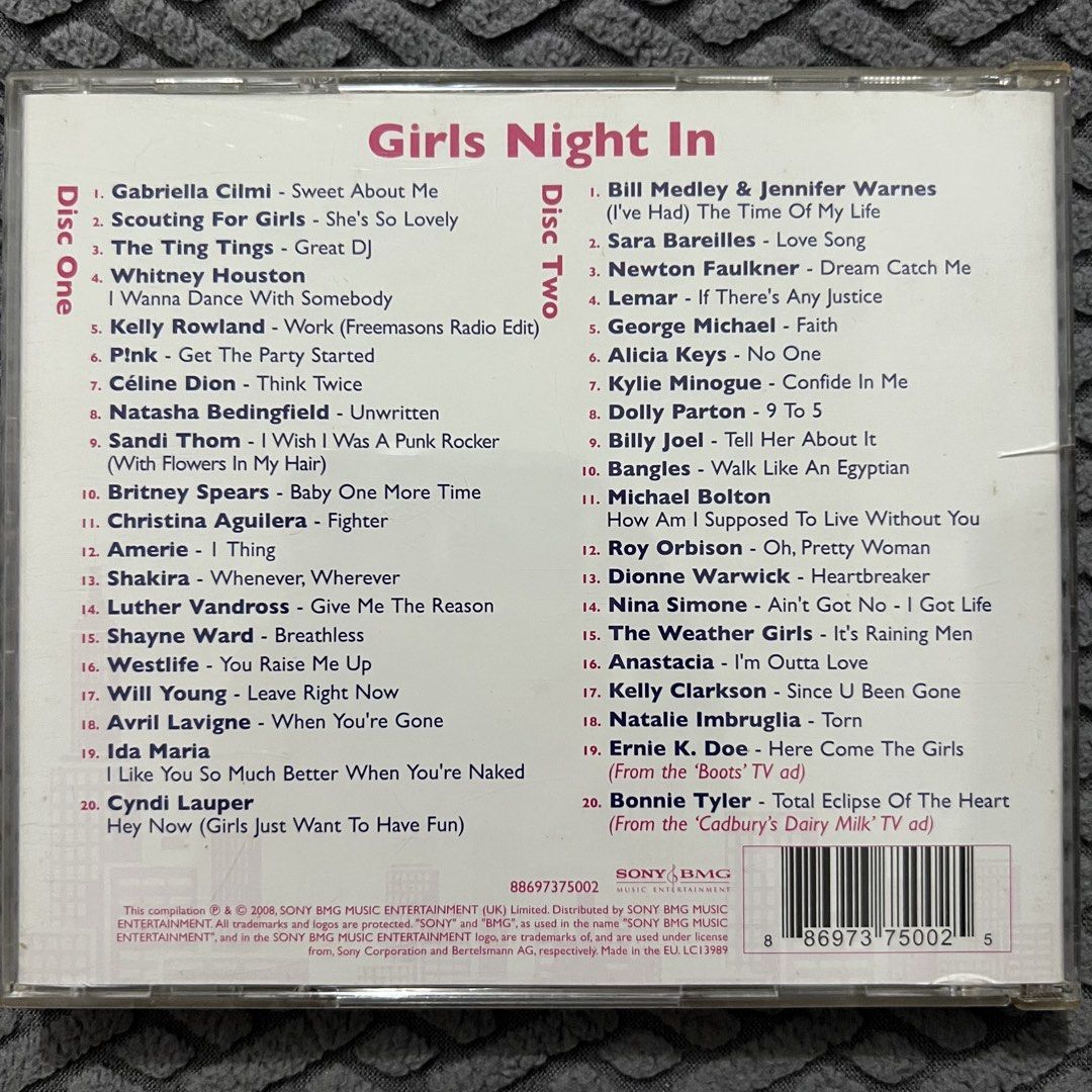 Girls Night In (2-discs) (Category: CDs & DVDs) located in Caloocan City. Submitted by thelittlejewelcase (Listing ID 1460238410, Image 2). Description: featuring artists : Britney Spears Pink Westlife Avrile Lavigne Christina Aguilera Celine Dion Whitney Houston and many many more ‼️.