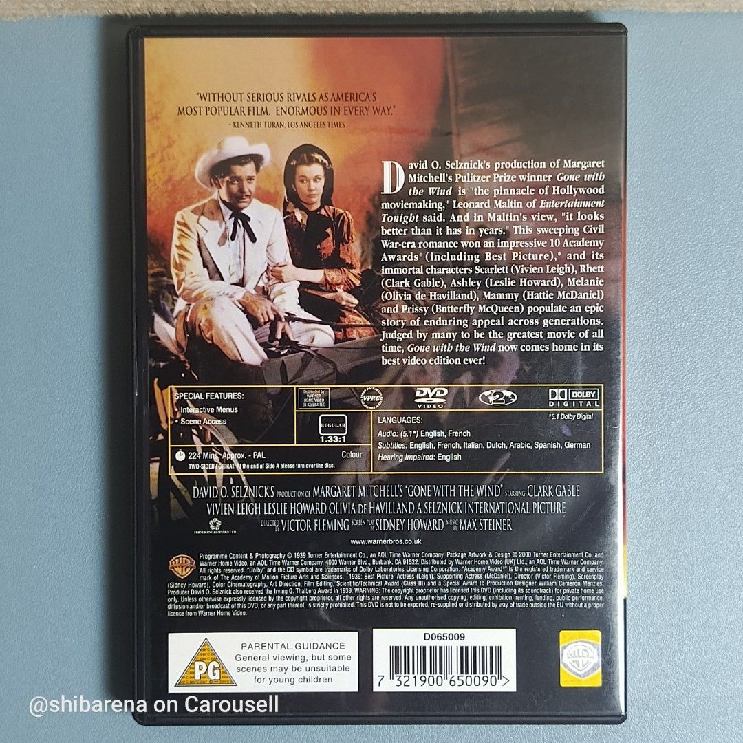 Gone With The Wind DVD - Region 2 PAL (Category: CDs & DVDs) located in Cebu City. Submitted by shibarena (Listing ID 1460216152, Image 2). Description: - Gone With The Wind DVD - Region 2 PAL (Pre-owned) - Award-winning: 10 Academy Awards, including Best Picture (1939) - Features: Interactive menus and scene access - Languages: English, French, Italian, Dutch, Arabic, Spanish, German - Subtitles: English, French, Dutch, Italian, Arabic, Spanish,