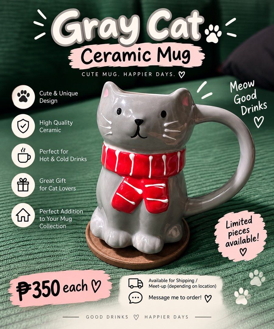 Gray Cat Ceramic Mug - Cute & Unique Design (Category: Coffee & Tea Tableware) located in Manila. Submitted by deedelrsrio (Listing ID 1460206484, Image 1). Description: - Adorable gray cat ceramic mug - Unique and charming design - Made from high-quality ceramic - Suitable for both hot and cold beverages - Ideal gift for cat enthusiasts - A fun addition to any mug collection - Limited quantities available, message to order!.