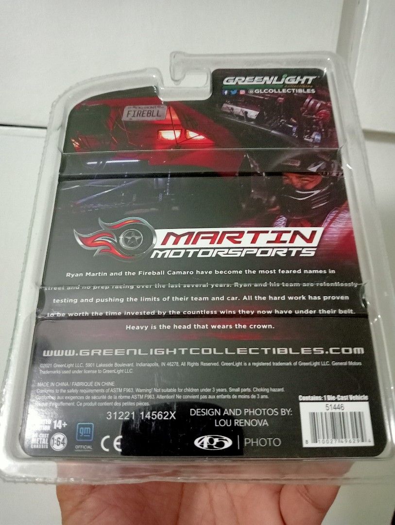 Greenlight 2010 Chevrolet Camaro Fireball (Category: Vehicle & Diecast Models) located in Muntinlupa City. Submitted by mcnigel84 (Listing ID 1460174306, Image 2). Description: - Greenlight Collectibles 1:64 scale die-cast model - 2010 Chevrolet Camaro Fireball Edition - Features Ryan Martin Motorsports livery - Perfect for collectors - Brand new in original packaging.