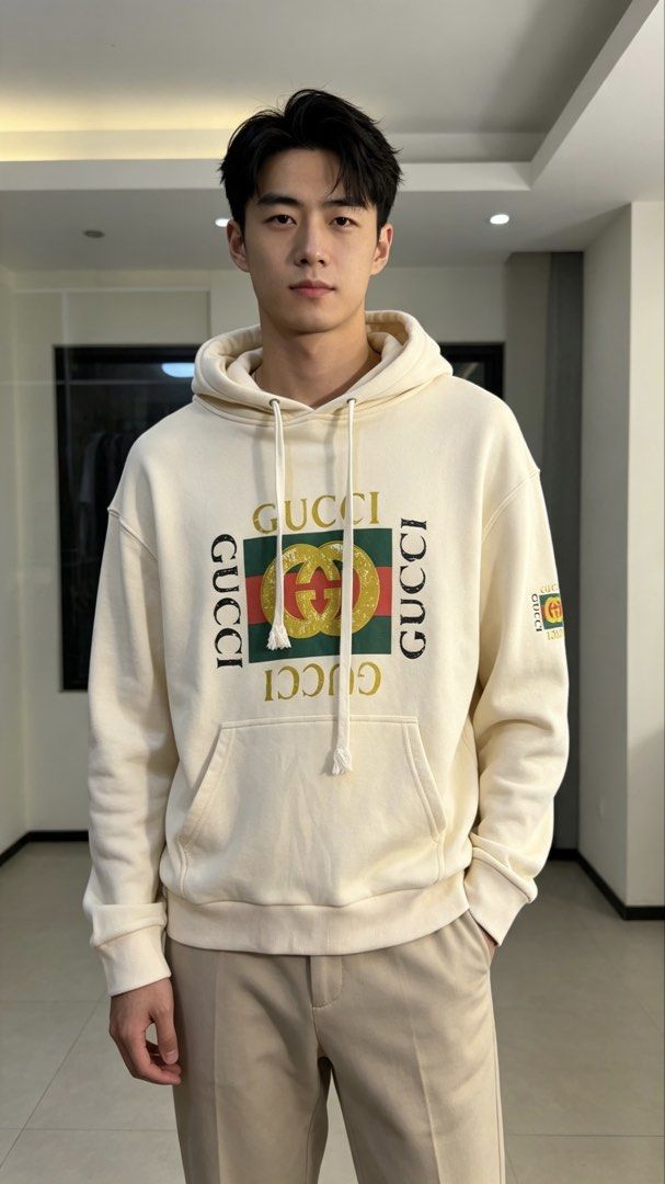 Gucci Cream Logo Hoodie (Category: Hoodies) located in Paranaque City. Submitted by mykapoynton (Listing ID 1460292652, Image 1). Description: Gucci Cream Logo Hoodie - Iconic GG logo on the front - Front pocket and drawstring hood - Made in Italy - Estimated size: Medium (M) - Ideal for any Gucci fan.