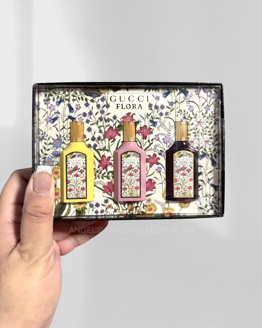 Gucci mini flora gorgeous collection perfume sampler gift set (Category: Fragrance & Deodorants) located in Pasig City. Submitted by lykaloves (Listing ID 1460304708, Image 1). Description: 𝐆𝐮𝐜𝐜𝐢 𝐌𝐢𝐧𝐢 𝐅𝐥𝐨𝐫𝐚 𝐆𝐨𝐫𝐠𝐞𝐨𝐮𝐬 𝐄𝐚𝐮 𝐝𝐞 𝐏𝐚𝐫𝐟𝐮𝐦 𝐏𝐞𝐫𝐟𝐮𝐦𝐞 𝐒𝐞𝐭 This Set Contains: - 0.16 oz/ 5 mL Flora Gorgeous Gardenia Eau de Parfum Intense Miniature - 0.16 oz/ 5 mL Flora Gorgeous Orchid Eau de Parfum Miniature - 0.16 oz/ 5