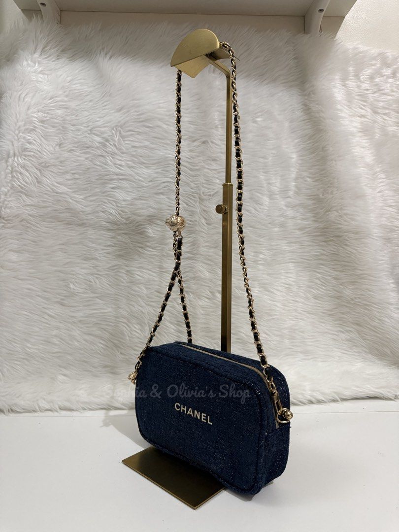 GWP Chanel camera bag denim (Category: Cross-body Bags) located in Pasig City. Submitted by ellaandviashop (Listing ID 1460159705, Image 2). Description: Gift with Purchase (GWP) is a promotional strategy where customers receive a free gift when they buy a specific product or spend a certain amount. They are real, brand-issued promotional items. They are usually small cosmetic pouches, canvas/mesh vanity bags, mirror sets, or travel-size beauty s