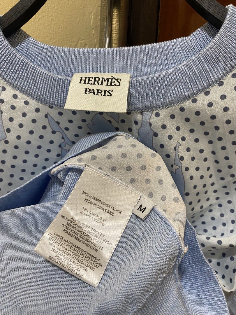 Hermes Paris Brides de Gala Blue Sweater Size M (Category: Coats, Jackets and Outerwear) located in Manila. Submitted by haveago0dthrift (Listing ID 1460149557, Image 3). Description: - Hermes Paris sweater - Size: Medium (M) - Iconic Brides de Gala print on the front - Light blue knit sleeves and back - Care Instructions: Hand wash only, do not bleach or tumble dry - Made in China - Width 17 - Length 23.