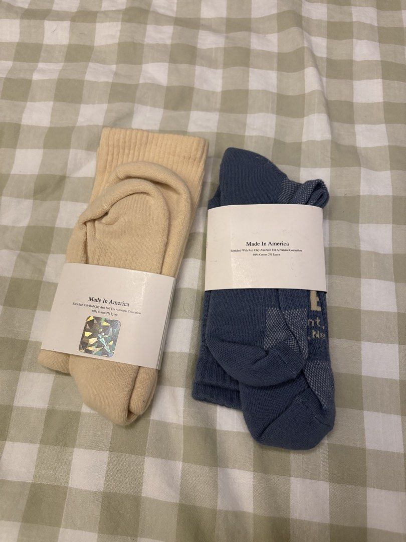 Hidden NY Socks - Beige & Blue (Category: Socks) located in Paranaque City. Submitted by max_bully014 (Listing ID 1460188359, Image 2). Description: - Two pairs of socks from Hidden NY - Colors: Light Beige and Dusty Blue - Design: Mountain graphic with 'h' logo - Material: 80% Cotton, 20% Nylon - Ideal for: Everyday wear.