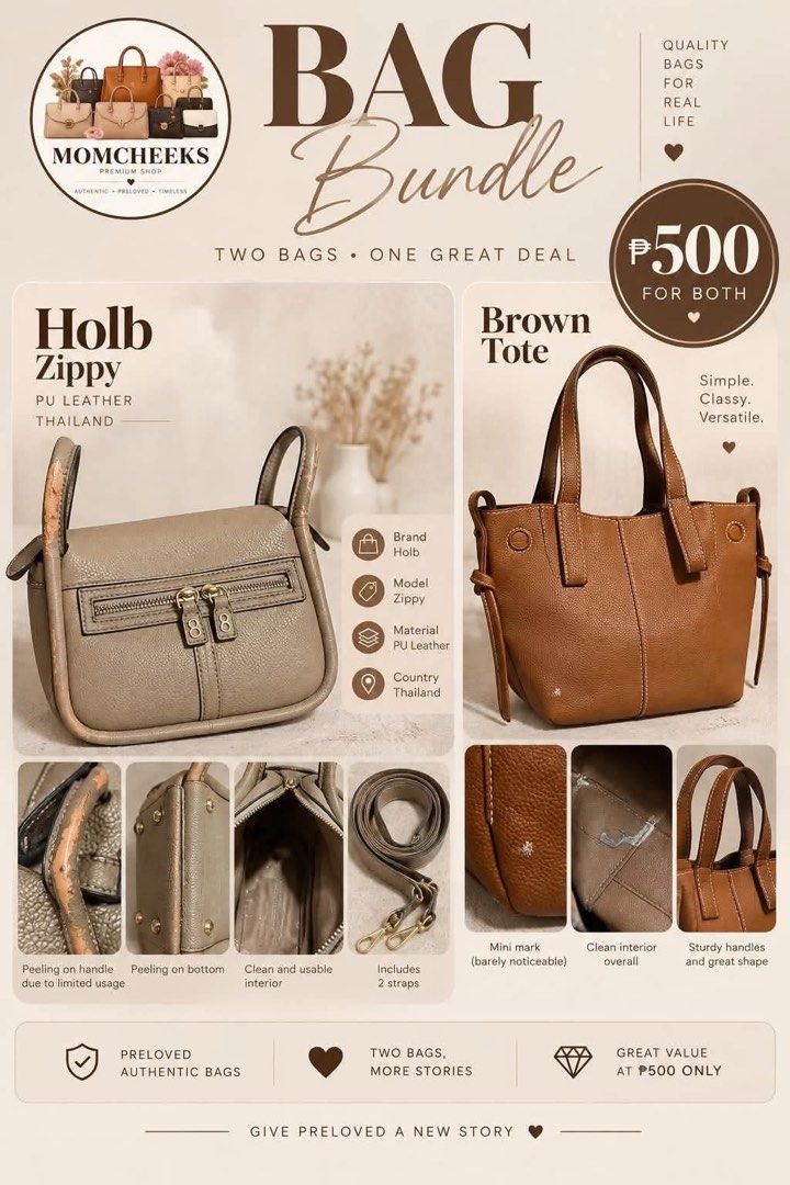 Holb Zippy & Brown Tote Bag Bundle (Category: Tote Bags) located in Hagunoy. Submitted by cladys (Listing ID 1460130277, Image 1). Description: - Bundle includes 2 preloved bags: 1 Holb Zippy (PU leather, from Thailand) and 1 brown tote. - Holb Zippy has slight peeling on handle and bottom due to limited use. - Both bags feature clean interiors. - Each bag comes with 2 straps. - Excellent value for two stylish bags!.
