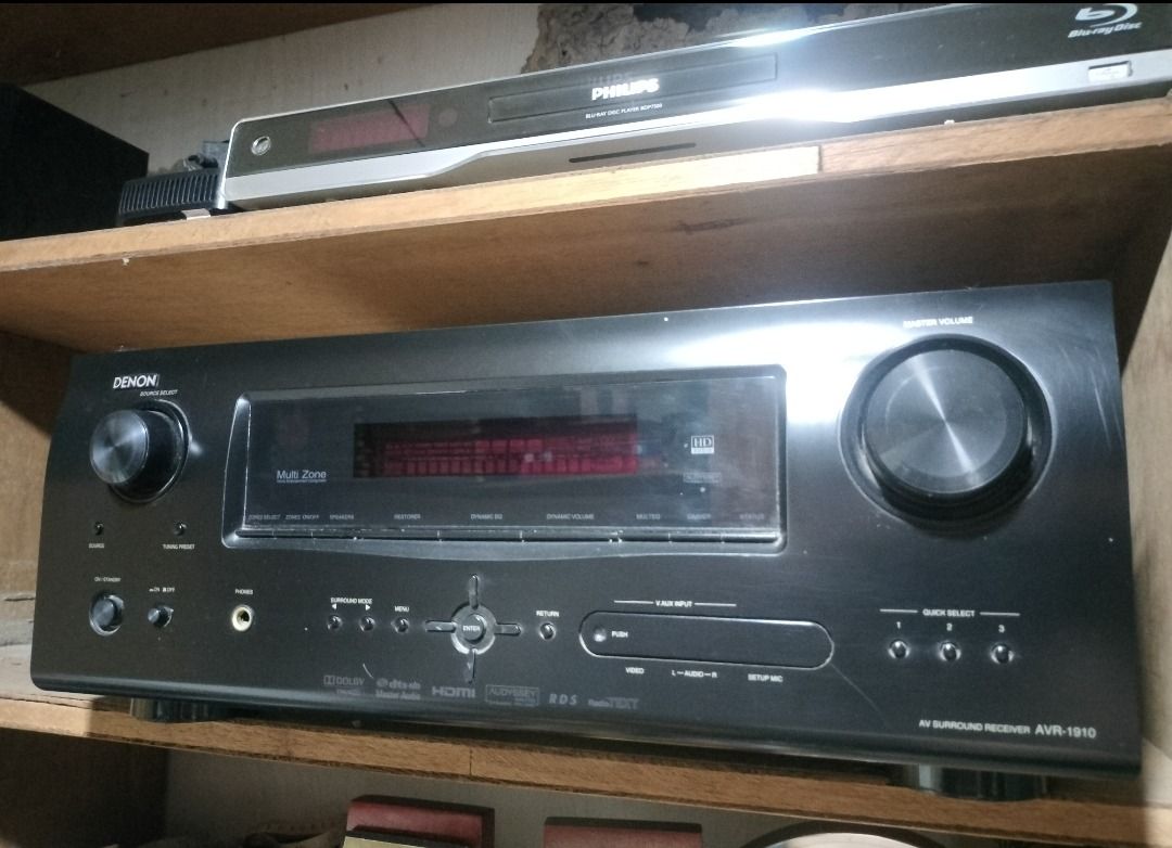 Denon & Onkyo Home Theatre System (Category: Soundbars, Speakers & Amplifiers) located in Dasmarinas. Submitted by carl4323 (Listing ID 1460126459, Image 1). Description: Denon AVR-1910 AV 7.1 Surround Receiver - Perfect for home theater setups - Multi-zone capability - Features a large volume knob and display - Auxiliary Output - Tested and confirmed working - 7.1 Channel Compatible Onkyo SKS-HT728 130W - 2pc Front Speaker 275W x 1050H x 262D mm