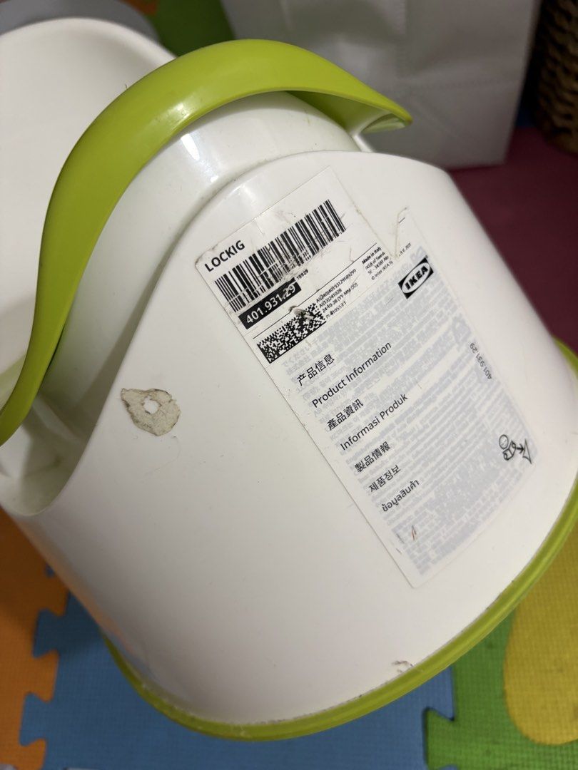 IKEA LOCKIG Potty Training Seat White Green (Category: Toilet Training) located in Quezon City. Submitted by makeitkmn (Listing ID 1460249183, Image 2). Description: - IKEA LOCKIG potty seat - Color: White with green insert - Ideal for potty training - Easy to clean - Minor scuffs on base from normal use - Good working condition.