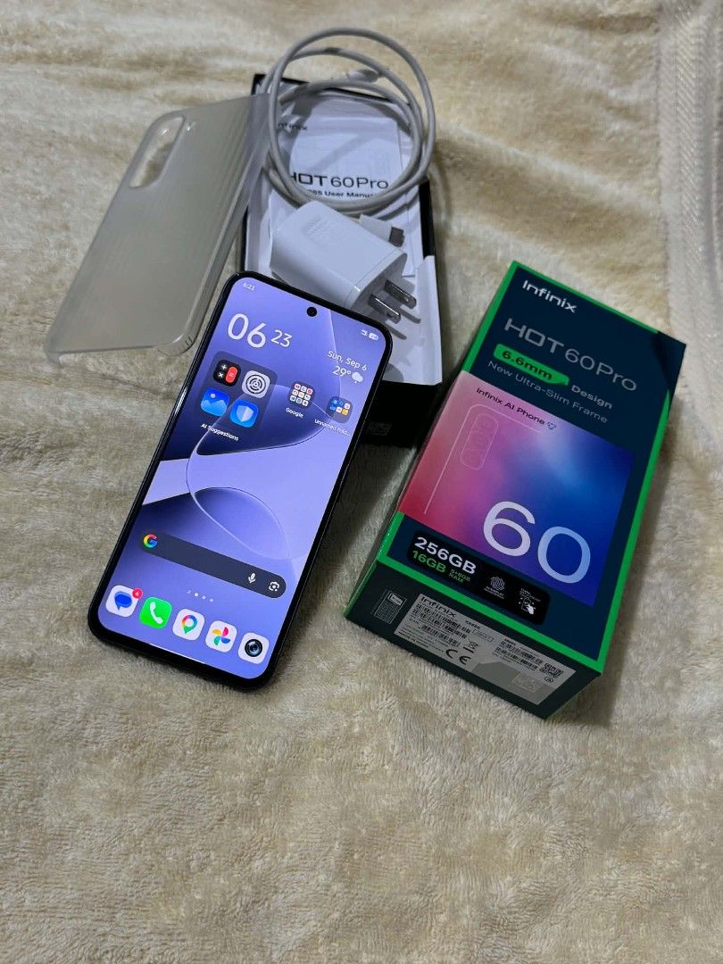 Infinix Hot 60 Pro 256gb (Category: Android Others) located in Quezon City. Submitted by selloutanything (Listing ID 1460156561, Image 2). Description: Infinix Hot 60 pro 256GB complete with box orig case and charger pwede sa maselan.