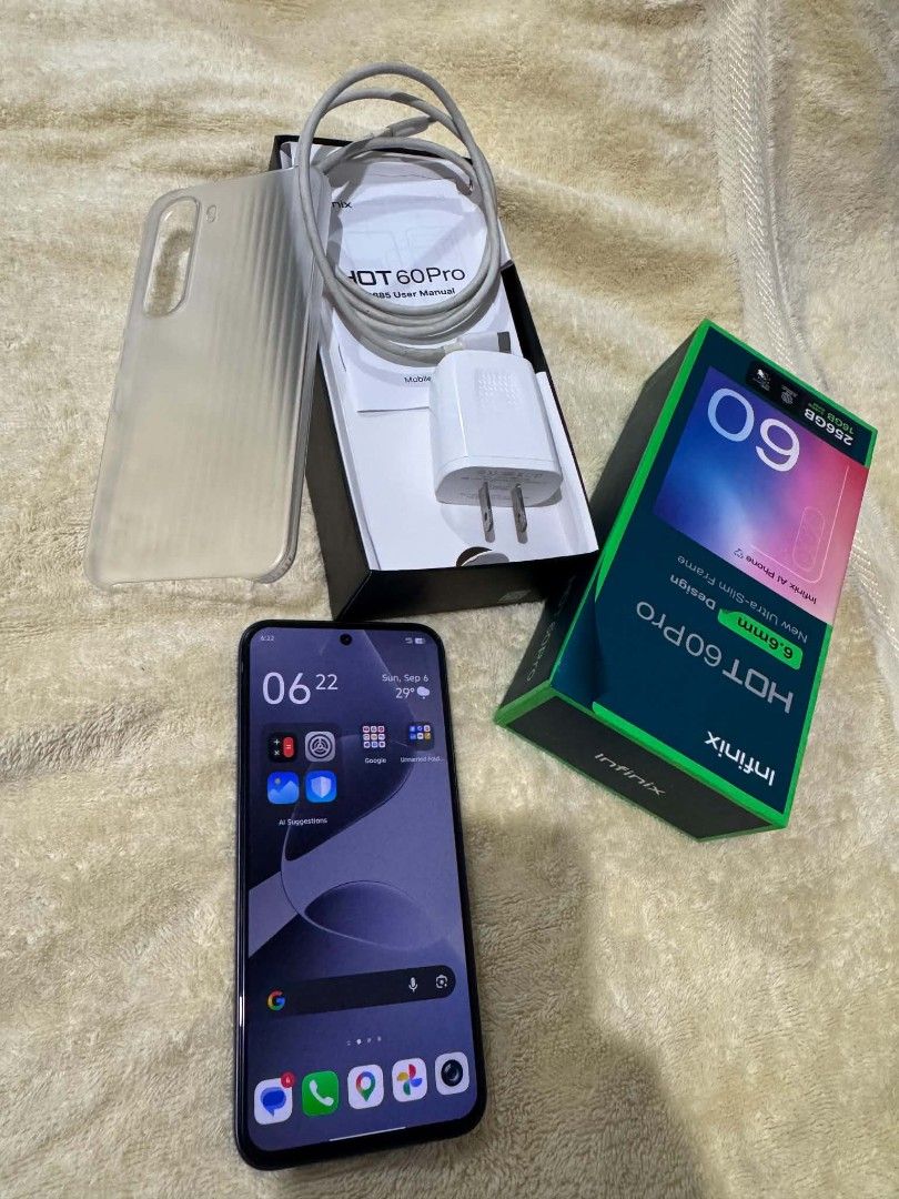 Infinix Hot 60 Pro 256gb (Category: Android Others) located in Quezon City. Submitted by selloutanything (Listing ID 1460156561, Image 1). Description: Infinix Hot 60 pro 256GB complete with box orig case and charger pwede sa maselan.