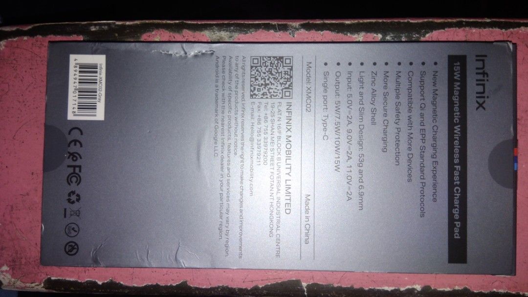 Infinix Magnetic Cellphone Charger (Category: Chargers & Cables) located in Makati City. Submitted by julz2026 (Listing ID 1460228460, Image 3). Description: - Infinix MagPad Wireless Magnetic Charger - 15W Fast Charging - Sleek, light zinc alloy shel - Output: 5W/7.5W/10W/15W - Single Type-C port -Price is fixed .