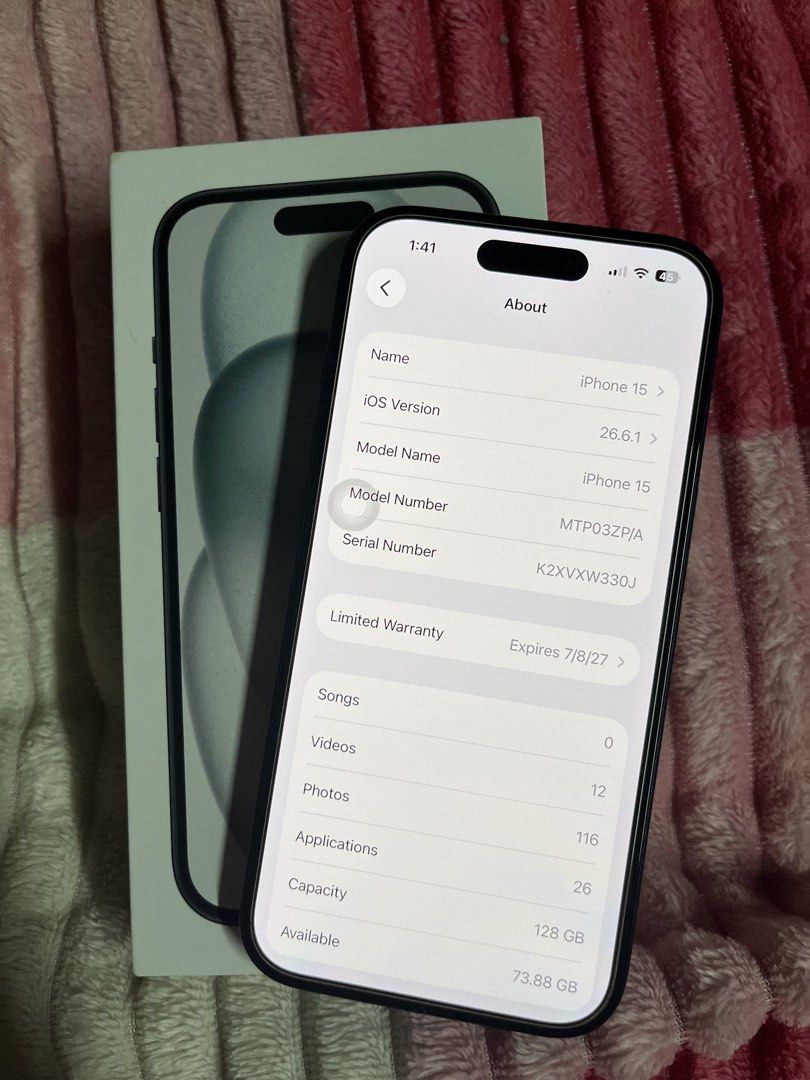 iPhone 15 (Category: iPhone 15 Series) located in Alaminos. Submitted by safetiger_fe542c (Listing ID 1460157519, Image 3). Description: Including box and cable.