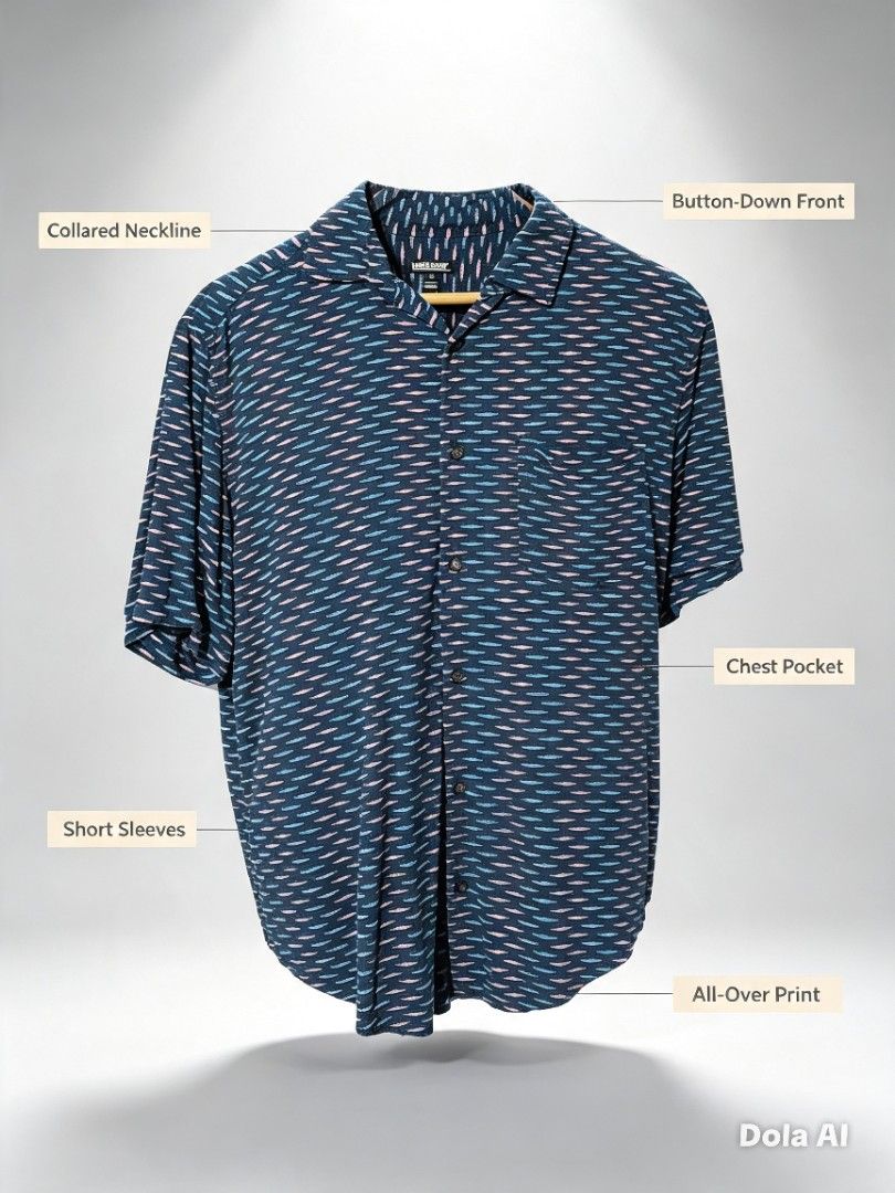 Jack and Jones Polo (Category: Tshirts & Polo Shirts ) located in Mabalacat. Submitted by al_amin_thrift (Listing ID 1460229508, Image 1). Description: L27 W 21 - Brand: Jack & Jones ​ - Type: Men's Short-Sleeve Button-Down Shirt ​ - Pattern/Color: Navy blue base with pink & light blue abstract/striped pattern ​ - Size: Medium (tag marked M) ​ - Fabric: Lightweight, smooth breathable material (viscose/cotton blend feel) ​ - Condition: Excellent —