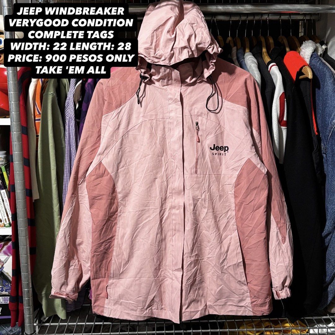 Jeep Spirit Windbreaker Jacket Pink (Category: Coats, Jackets and Outerwear) located in Caloocan City. Submitted by bonsatocha43876 (Listing ID 1460252142, Image 1). Description: - Brand: Jeep Spirit - Color: Pink - Item: Windbreaker - Condition: Very good, with tags still attached - Measurements: Width 22 inches, Length 28 inches - Price: 900 pesos only.