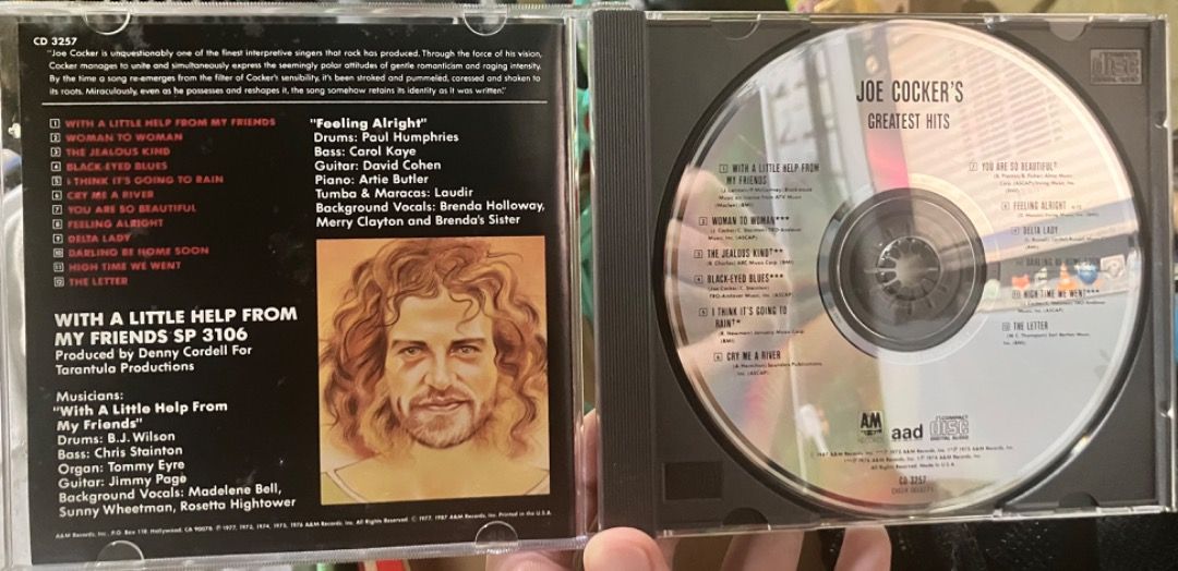 Joe Cocker's Greatest Hits CD (Category: CDs & DVDs) located in Makati City. Submitted by zek2zoe (Listing ID 1460272468, Image 3). Description: Selling from my personal/family collection. - CD/case in very good and working condition - Original, Pressed in the USA, year 1987 Reason for selling: - Declutter and make room for storage - Joe Cocker's Greatest Hits CD - Includes iconic songs: 'With a Little Help from My Friends', 'You Are So Beautiful