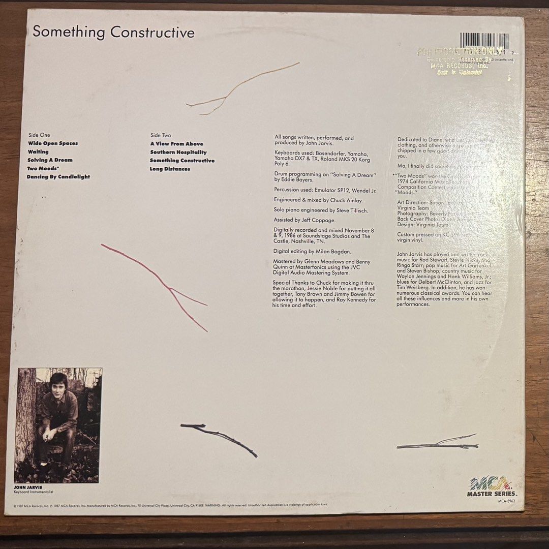John Jarvis vinyl record (Category: Vinyls) located in Manila. Submitted by iamoggie (Listing ID 1460174900, Image 2). Description: John Jarvis something constructive album. Very good condition. Ust area. Shipping c/o buyer. .