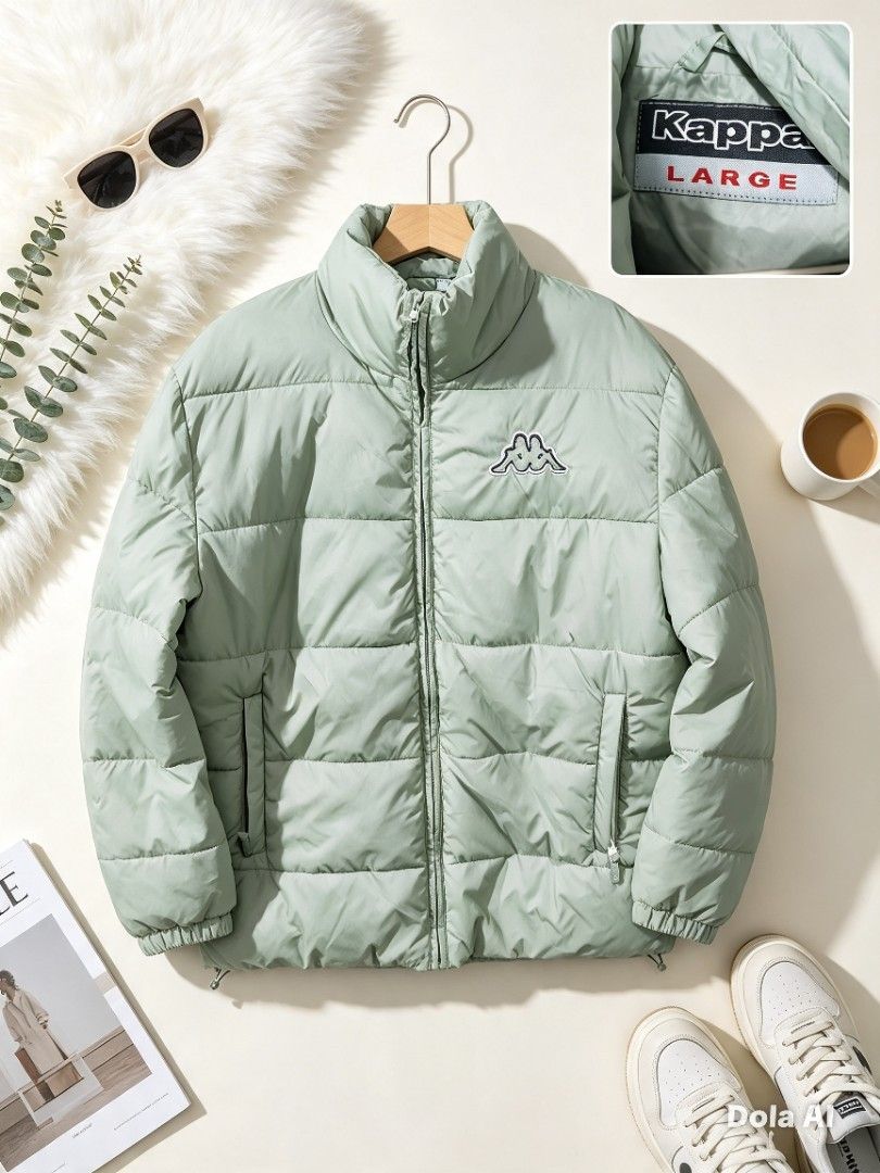 Kappa Puffer Jacket - Light Green - Size Large (Category: Coats, Jackets and Outerwear) located in Manila. Submitted by momofunodos (Listing ID 1460177704, Image 1). Description: - Light green Kappa puffer jacket - Classic Kappa logo on chest - Stand-up collar with full zip closure - Two zippered side pockets - Elasticated cuffs and hem - Perfect for staying warm and stylish.