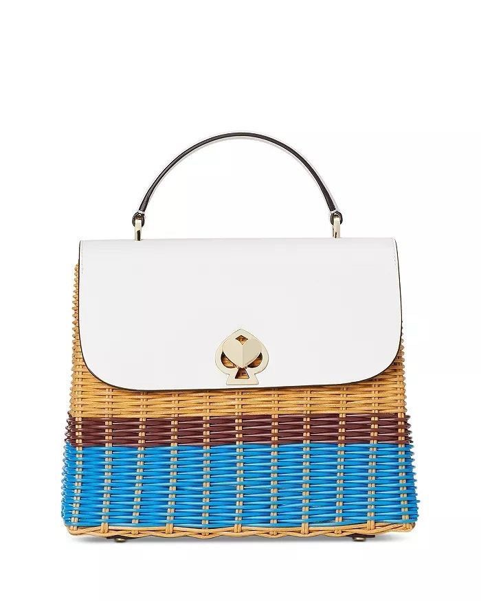 Kate Spade Romy Wicker & Leather Top Handle Bag (Category: Luxury Bags & Wallets) located in Bulacan. Submitted by alshopie (Listing ID 1460267053, Image 1). Description: - Authentic Kate Spade bag - Wicker body with blue, brown, and tan stripes - White leather flap with signature spade closure - Top handle for easy carrying - Ideal for summer occasions.