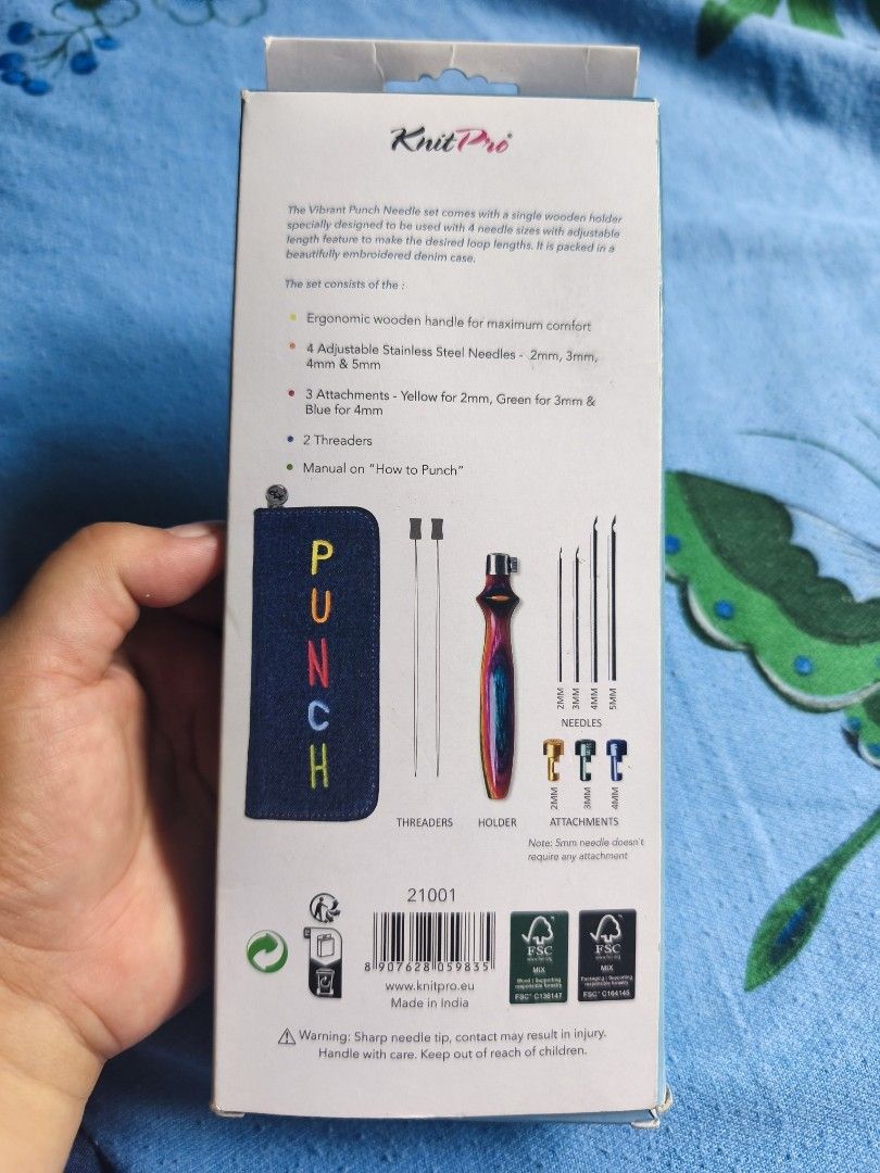 KnitPro Punch Needle Art Set (Category: Craft Supplies & Tools) located in Mandaluyong City. Submitted by mah3hoi (Listing ID 1460289509, Image 2). Description: - Brand: KnitPro - Product: The Vibrant Punch Needle Set - Includes: Ergonomic wooden handle, 4 adjustable stainless steel needles (2mm, 3mm, 4mm, 5mm), 3 attachments (Yellow for 2mm, Green for 3mm, Blue for 4mm), 2 threaders, and a 'How to Punch' manual. - Case: Beautifully embroidered d