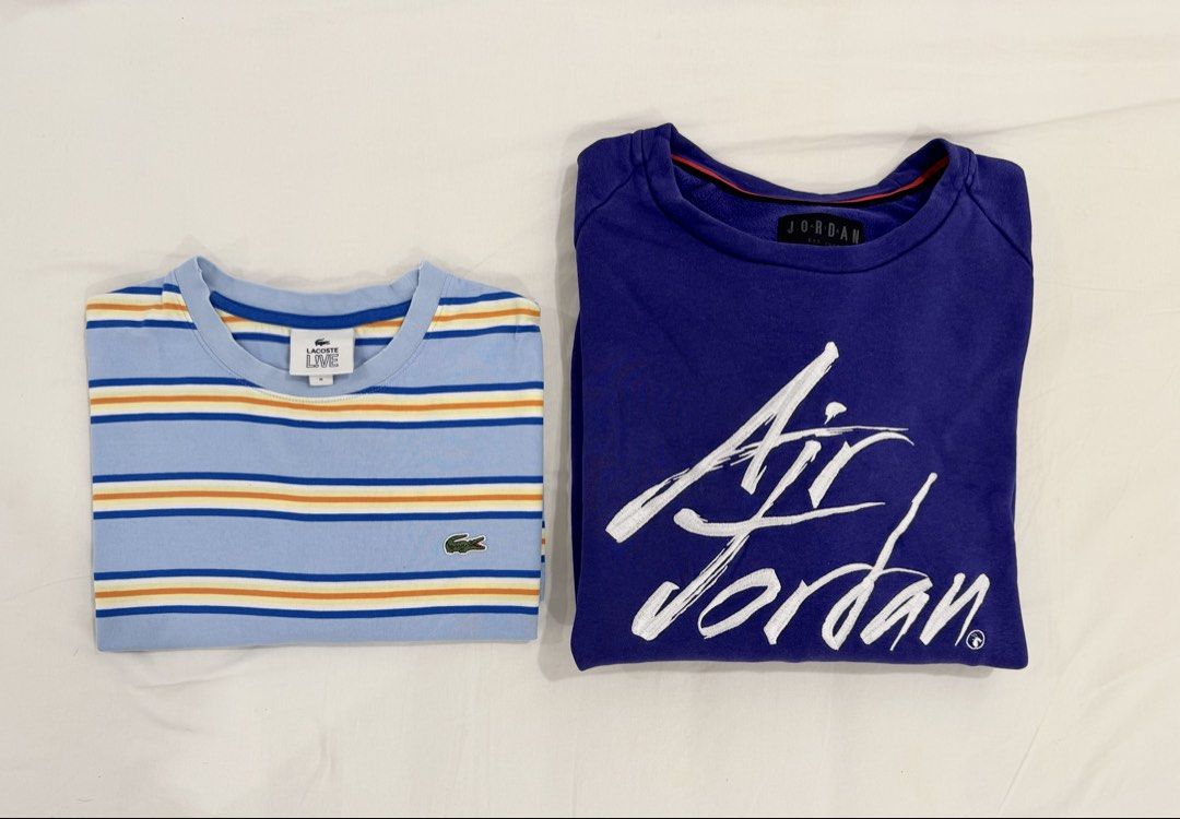 Lacoste, Nike Preloved (Category: Tshirts & Polo Shirts ) located in Calamba. Submitted by boldpenguin-dec9 (Listing ID 1460174420, Image 1). Description: Selling authentic apparel 💯 Item 1: Lacoste L!VE Striped T-Shirt • Brand: Lacoste • Size: Medium (M) • Price: ₱650 Item 2: Nike Air Jordan Sweatshirt • Brand: Nike Air Jordan • Size: 3XL • Price: ₱900 Transaction Details: Condition: Pre-owned 📍Location / Meetup: solenad nuvali 📦 Shipping / D