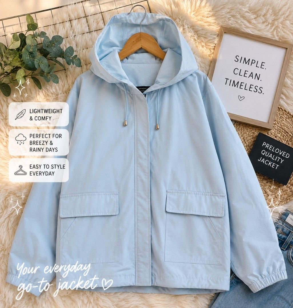 Light Blue Hooded Jacket for Breezy & Rainy Days (Category: Coats, Jackets and Outerwear) located in Manila. Submitted by momofunodos (Listing ID 1460199952, Image 1). Description: - Everyday go-to light blue hooded jacket - Lightweight and comfortable - Ideal for breezy and rainy days - Versatile and easy to style with any outfit - Preloved quality, simple, clean, and timeless design.