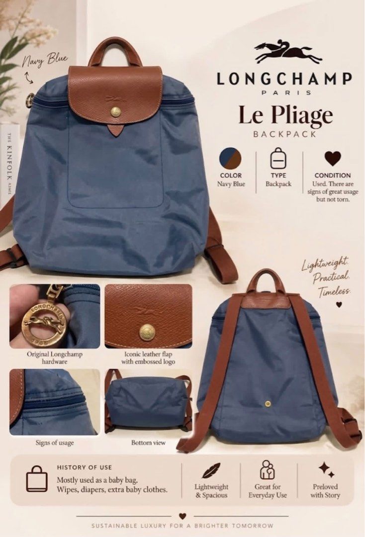 Longchamp Le Pliage Backpack Navy Blue (Category: Backpacks) located in Hagunoy. Submitted by cladys (Listing ID 1460129900, Image 1). Description: - Authentic Longchamp Le Pliage backpack - Color: Navy Blue - Ideal for use as a baby bag (diapers, wipes, clothes) - Lightweight and spacious - Great for everyday use - Timeless and practical design.