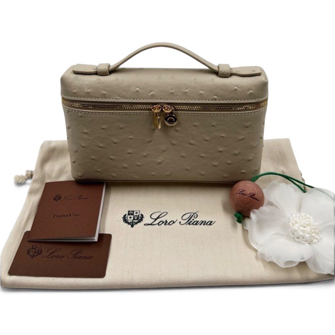 ⚜️Loro Piana - L19 bag (Category: Luxury Bags & Wallets) located in Makati City. Submitted by 90sangel (Listing ID 1371107582, Image 1). Description: •Item: L19 - The iconic Extra Pocket, — can be carried by hand or crossbody. Crafted from luxury ostrich leather ⚜️🤍in beige color 🥯🍦🍨 •Size: 11 x 19 x 6.5 cm •Condition: Gently Used, Good as New! *Negotiable (: RARE and hard to get! .