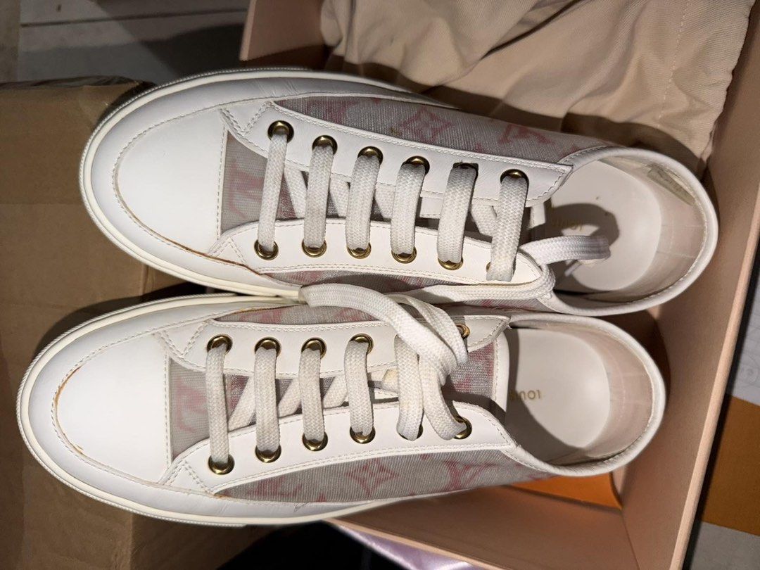Louis Vuitton White Monogram Mesh Sneakers (Category: Sneakers) located in Quezon City. Submitted by jdmc16 (Listing ID 1460248043, Image 3). Description: - Authentic Louis Vuitton sneakers - White leather with signature monogram mesh panels - Lace-up style with gold eyelets - Platform sole - With complete inclusions - Ideal for casual wear.