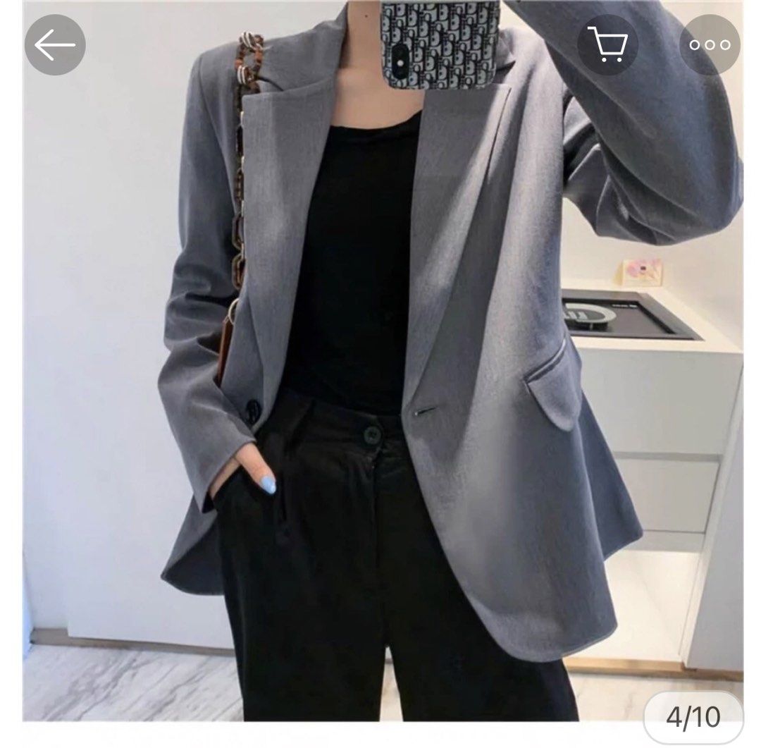 Lovito Grey Single Button Blazer (Category: Coats, Jackets and Outerwear) located in Mandaluyong City. Submitted by chimbashey (Listing ID 1460108150, Image 2). Description: - Lovito Grey Oversized Blazer - Single button closure - Two front pockets - Fully lined - Versatile for work or casual outfits - Easy to style.