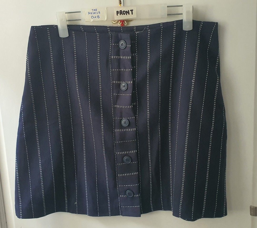 Mango Navy Pinstripe Button-Front Mini Skirt Size L (Category: Skirts) located in Tarlac. Submitted by resaleclub (Listing ID 1460148199, Image 1). Description: - Brand: Mango - Color: Navy Blue - Style: Mini Skirt - Pattern: Pinstripe - Closure: Button-front - Size: L - Waist: Approx. 34 inches - Length: Approx. 18 inches - Occasion: Casual Wear.