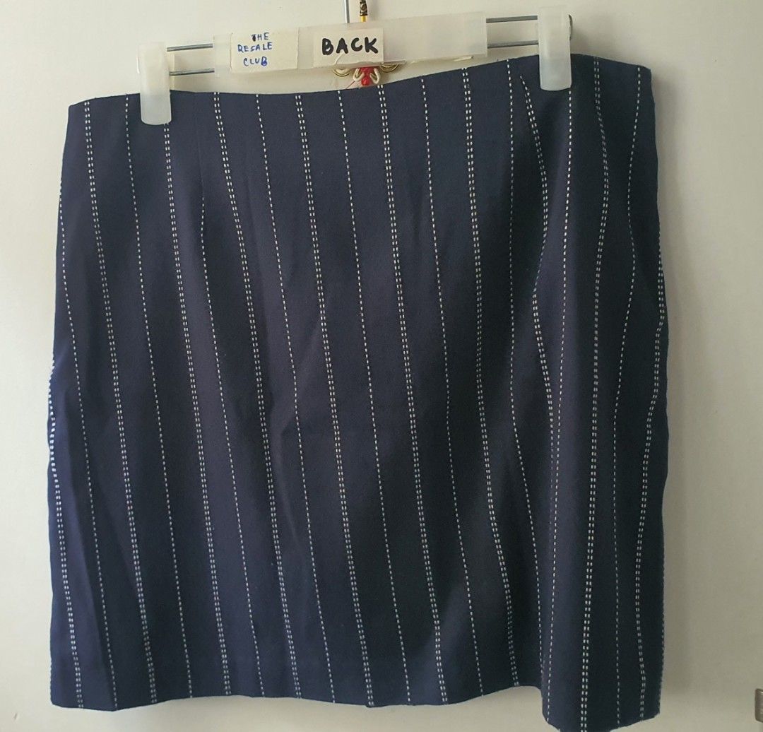 Mango Navy Pinstripe Button-Front Mini Skirt Size L (Category: Skirts) located in Tarlac. Submitted by resaleclub (Listing ID 1460148199, Image 3). Description: - Brand: Mango - Color: Navy Blue - Style: Mini Skirt - Pattern: Pinstripe - Closure: Button-front - Size: L - Waist: Approx. 34 inches - Length: Approx. 18 inches - Occasion: Casual Wear.