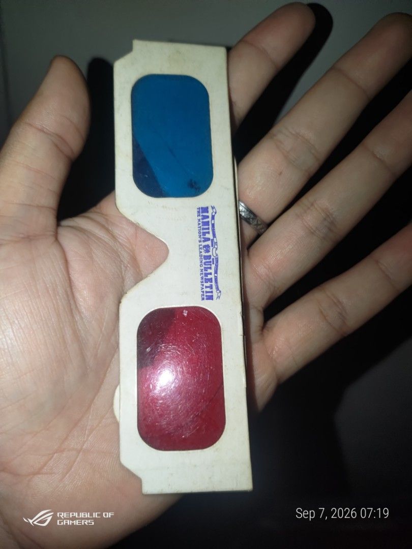 Manila Bulletin 3D Glasses Red Blue (Category: Other Stationery & Craft) located in Las Pinas. Submitted by choochiee (Listing ID 1460106941, Image 1). Description: - Vintage 3D glasses from Manila Bulletin - Features red and blue lenses - Perfect for viewing old 3D images - Great collectible item - Shows some signs of wear, but fully functional - A fun piece of nostalgia.