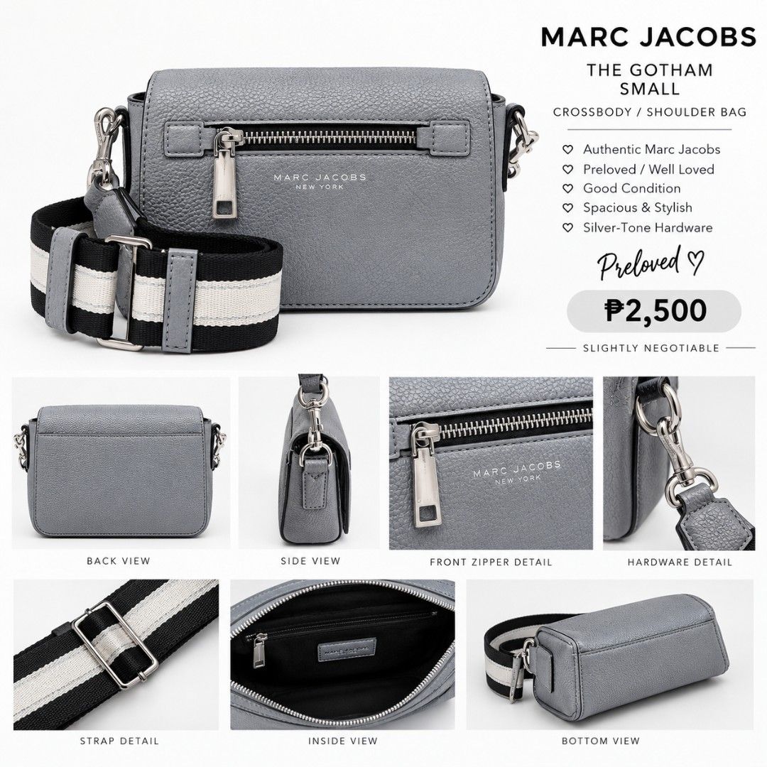 Marc Jacobs The Gotham Small Crossbody Shoulder Bag (Category: Luxury Bags & Wallets) located in Makati City. Submitted by crley (Listing ID 1460105836, Image 1). Description: - Authentic Marc Jacobs The Gotham Small bag - Versatile crossbody or shoulder bag - Spacious interior - Stylish silver-tone hardware - Adjustable strap with black and white stripe detail - Price is slightly negotiable.