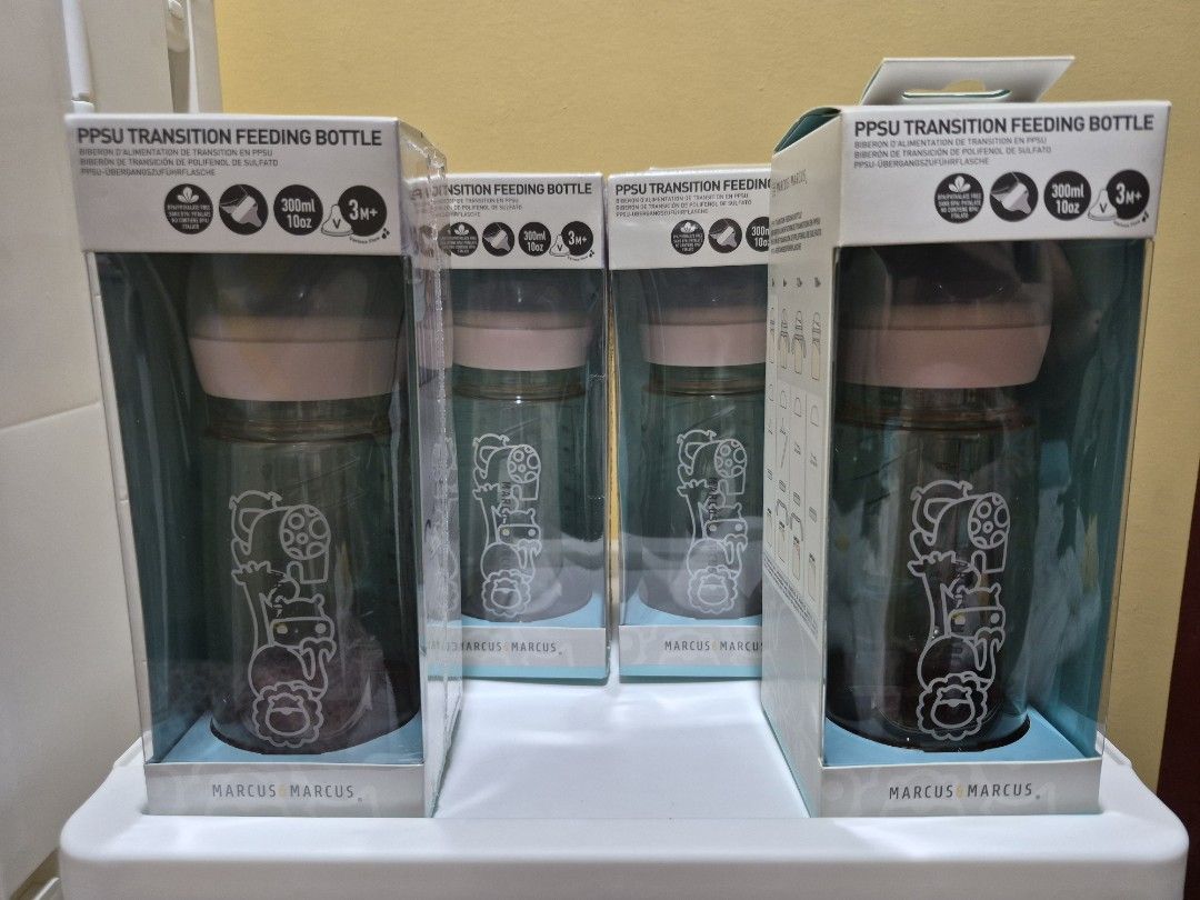 Marcus & Marcus PPSU Transition Feeding Bottle 300ml 10oz 3M+ (Category: Breastfeeding & Bottle Feeding) located in Makati City. Submitted by mckie (Listing ID 1460131336, Image 1). Description: - Brand: Marcus & Marcus - Capacity: 300ml (10oz) - take all 4 bottles - Age Suitability: 3 months and older - Material: PPSU - Features: Cute animal designs, ideal for transitioning from bottle to cup..