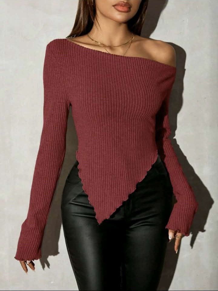 Maroon One-Shoulder Rib-Knit Asymmetrical Hem Top (Category: Sleeveless) located in Rizal. Submitted by mymelodyyy_ (Listing ID 1460208378, Image 1). Description: - Super cute maroon top - Ribbed texture - One-shoulder design - Asymmetrical hem for a unique look - Long sleeves with flared cuffs - Versatile for night out or stylish casual wear - Pairs well with leather pants or jeans.