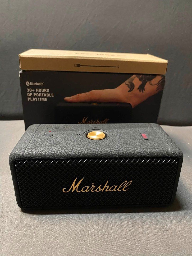 Marshall Emberton II Bluetooth Portable Speaker (Category: Soundbars, Speakers & Amplifiers) located in Antipolo. Submitted by istitikfordago (Listing ID 1460219632, Image 3). Description: - Marshall Emberton II portable speaker - Bluetooth connectivity - Over 30 hours of playtime - Iconic Marshall design with textured finish and gold accents - Excellent sound quality for its size - Includes original box .