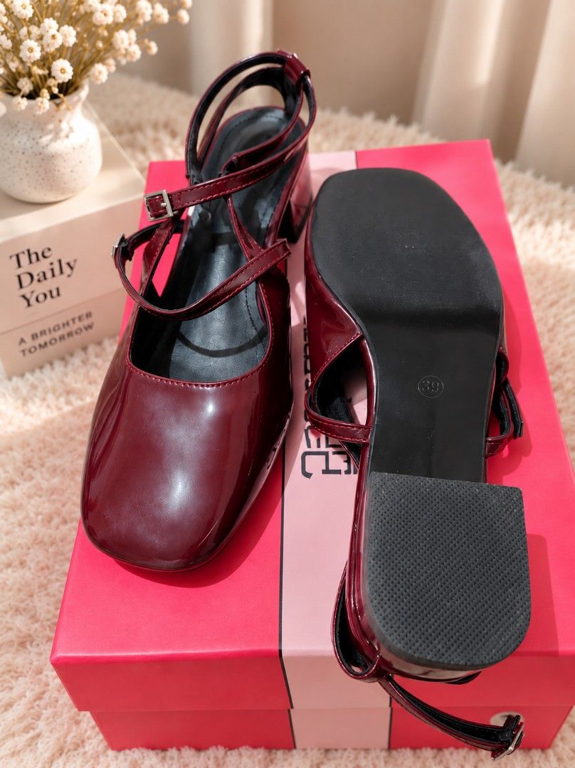 Mary Jane Burgundy Heels (Category: Heels) located in Tarlac. Submitted by prelovedtarlac22 (Listing ID 1460227498, Image 3). Description: Mary Jane Square Toe Back Lift Vamp Spring Shoes Burgundy Glossy Coarse Heel - Size 9 / 24.5cm - Bought on Shein RFS: Decluttering my closet ❤️ 📍Tarlac based - No COD (Payment First) to avoid being scammed - Shipping fee will be shouldered by the buyer - Once the payment has been received, we will ship the it