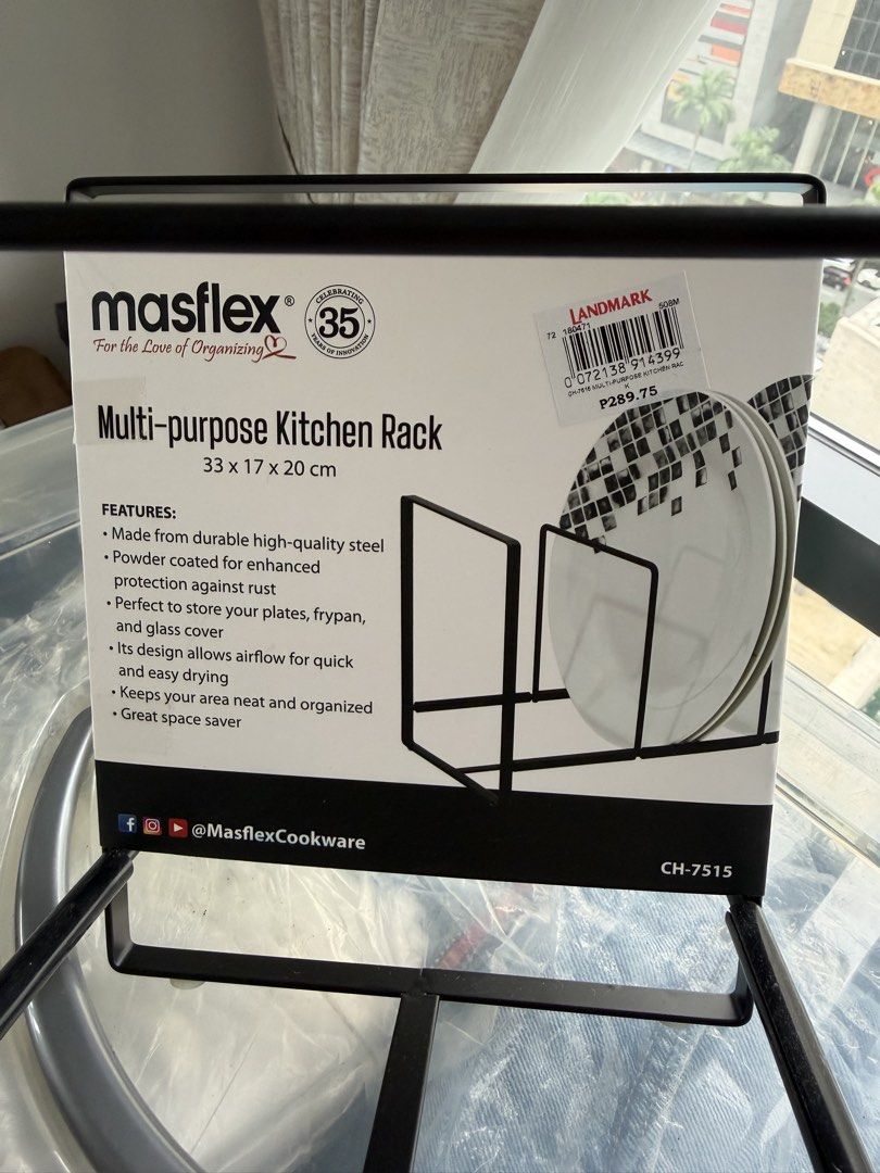 MASFLEX MULTI PURPOSE KITCHEN RACK (Category: Other Kitchenware & Tableware) located in Makati City. Submitted by madamchi (Listing ID 1460154757, Image 2). Description: Multi-purpose Kitchen Rack 33 x 17 × 20 cm FEATURES: • Made from durable high-quality steel • Powder coated for enhanced protection against rust • Perfect to store your plates, frypan, and glass cover • Its design allows airflow for quick and easy drying • Keeps your area neat an