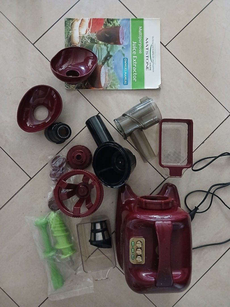 Matstone Multipurpose Juice Extractor (Category: Juicers, Blenders & Grinders) located in Manila. Submitted by uk_news2 (Listing ID 1460169023, Image 1). Description: - Matstone Multipurpose Juice Extractor - Includes: Main Unit, Juicing Attachments, Owner's Manual - Features Reverse Function - Ideal for making fresh juices at home - All parts shown in photos.
