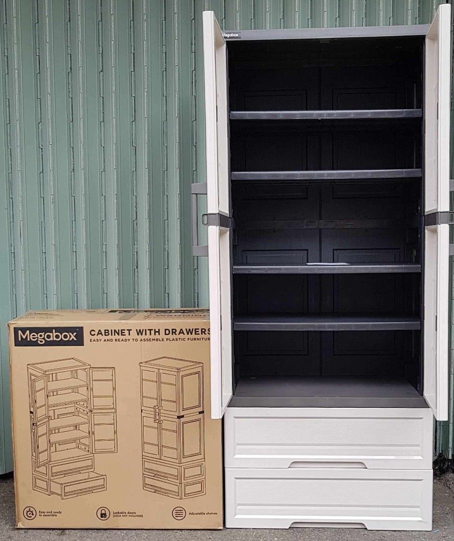 Megabox MG-188-2 Drawer (Category: Other Home Furniture) located in Manila. Submitted by lovelyalcaraz (Listing ID 1460176791, Image 1). Description: Megabox MG-188-2 Drawer Utility Wardrobe Cabinet with 2 Bottom Drawer Swing Door Shelves type Minimal Design with Maximum Storage Size : L72.4xW46.36xH172cm Color :Gray / Beige.