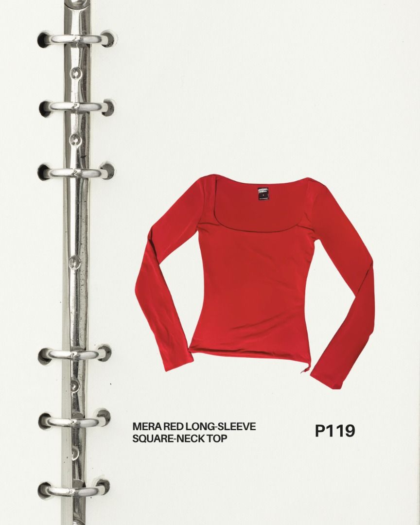 Mera Red Long-Sleeve Square-Neck Top (Category: Blouses) located in Caloocan City. Submitted by vastturtle.84ecce (Listing ID 1460240365, Image 1). Description: - Classic red long-sleeve top - Features a flattering square neckline - Simple and versatile design - Ideal for layering or wearing on its own - A must-have for any wardrobe - Price: P119.