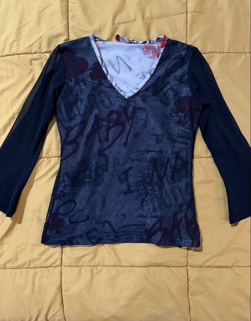 Mesh Graffiti Baby Long Sleeve Top (Category: Longsleeves) located in Mandaluyong City. Submitted by xela.tings (Listing ID 1460139128, Image 1). Description: Sheer mesh long sleeve top Unique graffiti print .