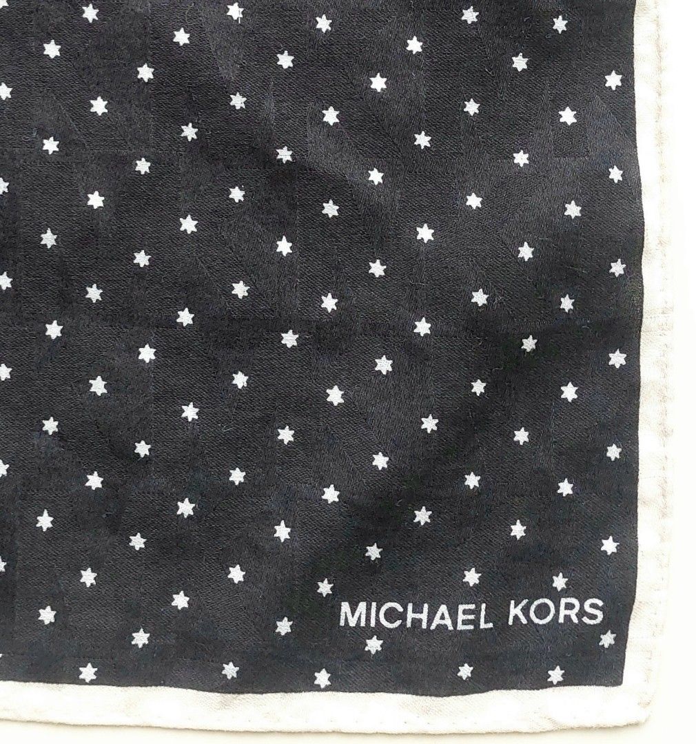 Michael Kors Black Star Print handkerchief (Category: Scarves) located in Lapu Lapu. Submitted by agnesapm_29813 (Listing ID 1460250400, Image 1). Description: - Black pocket square with white star print - Features subtle Michael Kors logo - Measurements: 18.5 inches x 19 inches - Washed and ironed already .