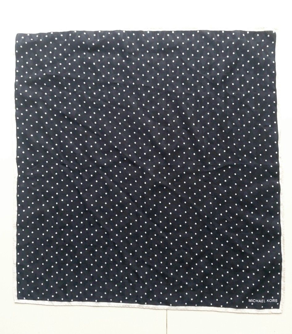 Michael Kors Black Star Print handkerchief (Category: Scarves) located in Lapu Lapu. Submitted by agnesapm_29813 (Listing ID 1460250400, Image 3). Description: - Black pocket square with white star print - Features subtle Michael Kors logo - Measurements: 18.5 inches x 19 inches - Washed and ironed already .