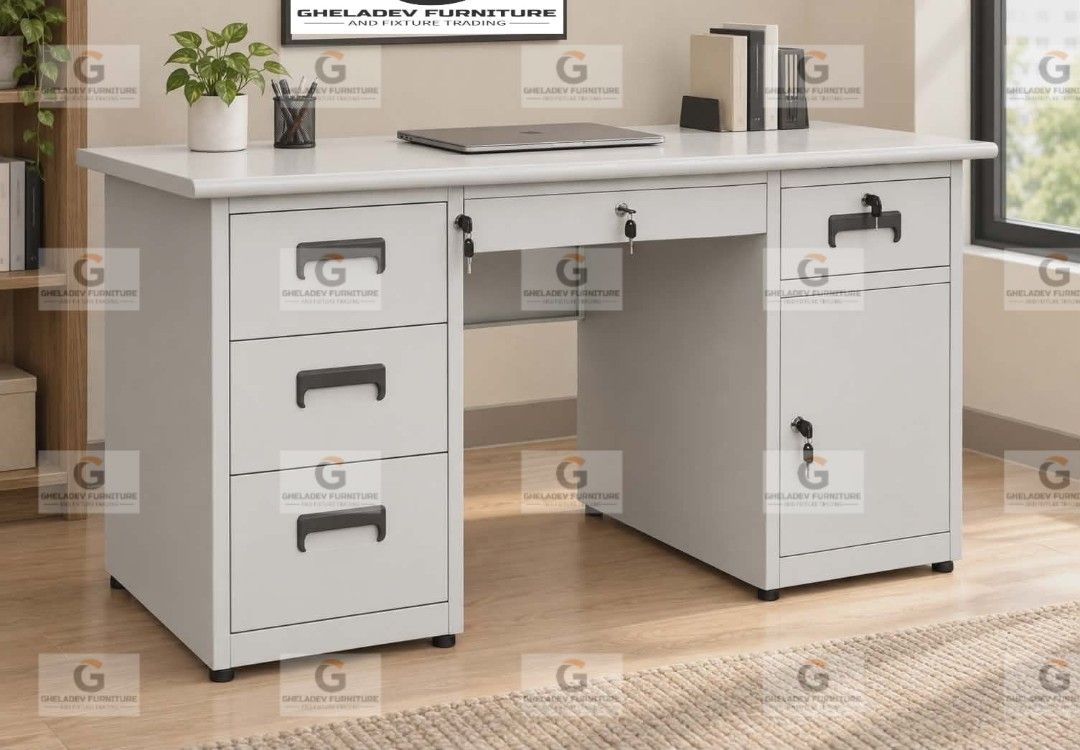 Modern dual-pedestal office executive desk (Category: Tables & Sets) located in Santo Tomas. Submitted by gfaft (Listing ID 1460122277, Image 2). Description: Modern dual-pedestal office executive desk Php. 11,500.00 1.4m METAL FRAME TABLE * MDF Board laminated top * Metal modestly * Center drawer with lock * 2 Metal Side Drawer * Left Drawer - 3 pullout drawer with centralized lock * Right Drawer - 1 pullout drawer and close-in cabinet * Curved 