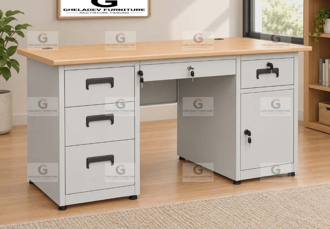 Modern dual-pedestal office executive desk (Category: Tables & Sets) located in Santo Tomas. Submitted by gfaft (Listing ID 1460122277, Image 1). Description: Modern dual-pedestal office executive desk Php. 11,500.00 1.4m METAL FRAME TABLE * MDF Board laminated top * Metal modestly * Center drawer with lock * 2 Metal Side Drawer * Left Drawer - 3 pullout drawer with centralized lock * Right Drawer - 1 pullout drawer and close-in cabinet * Curved 