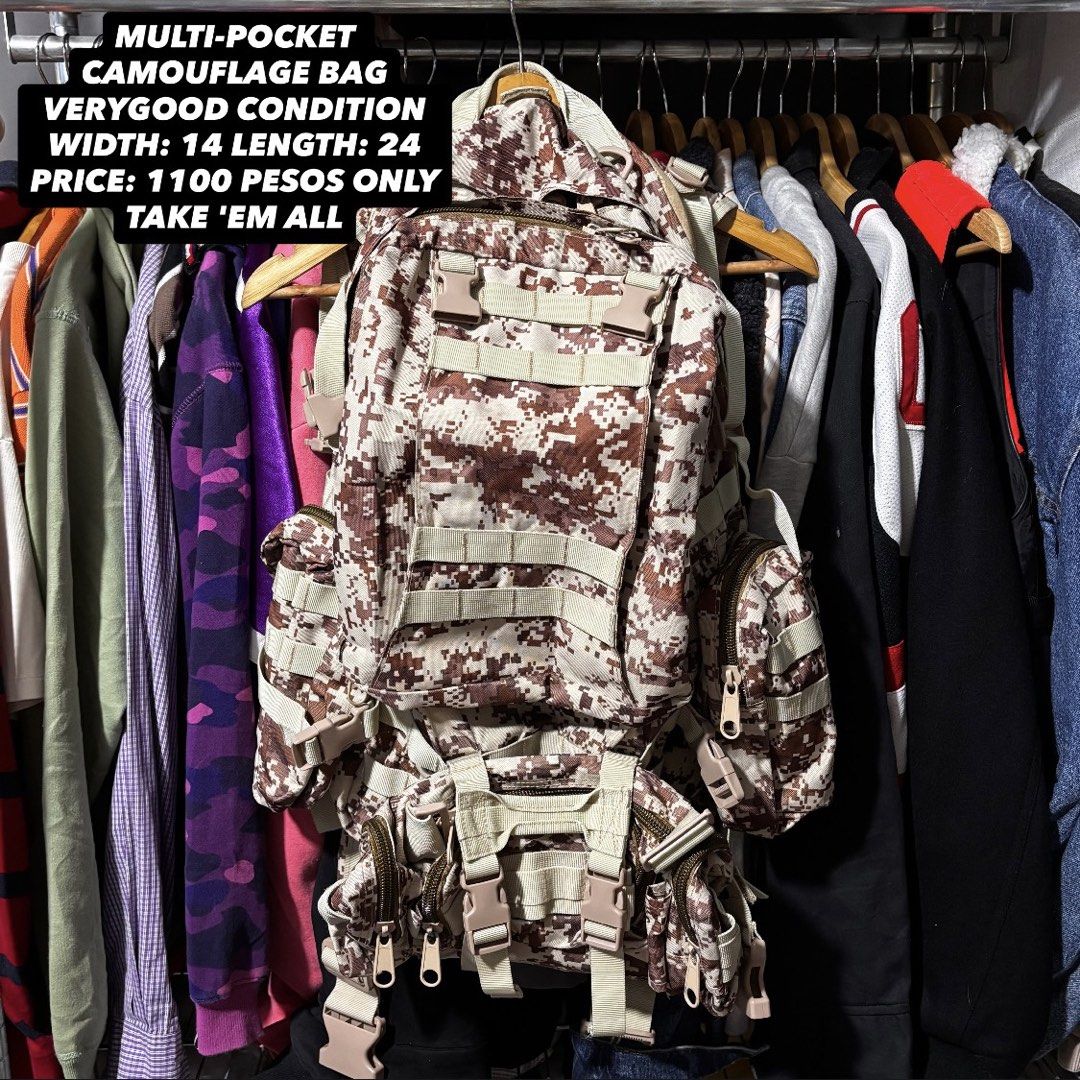 Multi-Pocket Camouflage Backpack (Category: Backpacks) located in Caloocan City. Submitted by bonsatocha43876 (Listing ID 1460193503, Image 1). Description: - Multi-pocket camouflage backpack - Dimensions: 14" width, 24" length - Price: 1100 pesos only.